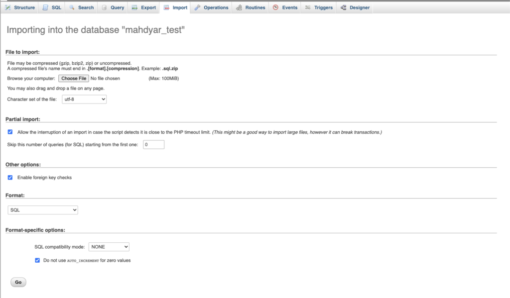 ایمپورت فایل .sql در phpmyadmin